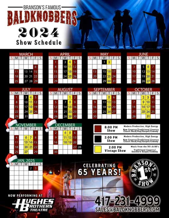 Baldknobbers 2024 Schedule at the Hughes Brothers Theatre, Branson MO