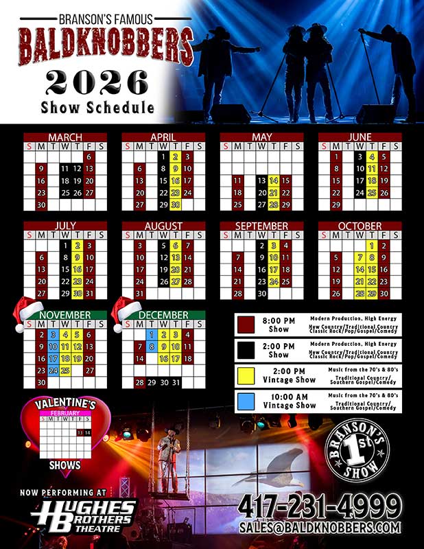 Baldknobbers 2026 Schedule at the Hughes Brothers Theatre, Branson MO